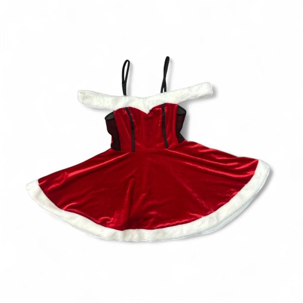 NWT Red velvet Santa dress with white fur trim and fishnet